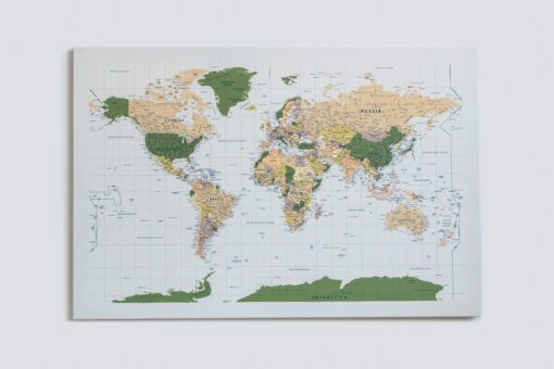 Žalias, detalus pasaulio žemėlapis ant sienos